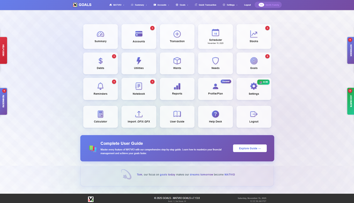 MATVIO GOALS Real-Time Financial Dashboard - Account Balances, Net Worth, and Recent Transactions